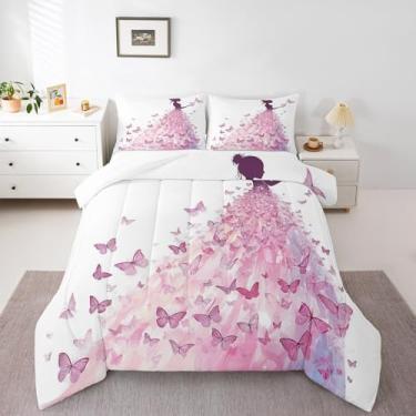 Imagem de Homewish Conjunto de edredom de borboleta rosa, princesa, borboleta, para crianças, meninas, adultos, arte em aquarela, vestido de borboleta, conjunto de edredom acolchoado, coleção de quarto, tamanho