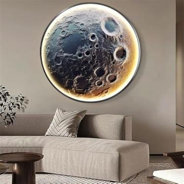 Imagem de Pintura Decorativa Redonda De Arte De Parede Moo Com Luz Led Para Sala De Estar, Impressão De Lua Giclée Emoldurada Decoração Planet Wall Pictures Poster Pendurado Escritório Quarto, 50CM