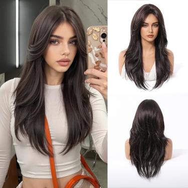 Imagem de Nuxovin Peruca de cabelo humano marrom preto (cabelo encaracolado longo com franja em camadas) resistente ao calor HD Lace Front Natural Densidade Natural Peruca ondulada leve (marrom preto, 56 cm)