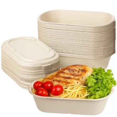 Imagem de Embalagem com 50 recipientes descartáveis de 1000 ml, recipientes de alimentos descartáveis com tampas, recipientes de almoço de papel para levar para viagem, salada, burrito