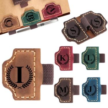 Imagem de Marcador de livro personalizado com suporte de caneta com 26 letras Marcador magnético de couro personalizado, clipe de marcador de nome personalizado com inicial para homens e mulheres, presentes