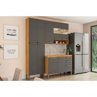 Imagem de Kit de Cozinha Completa 3 Peças Nápoli Prime (1Aéreo+1Balcão+1Paneleiro) C3P02 Amendoa/Chumbo - Ronipa