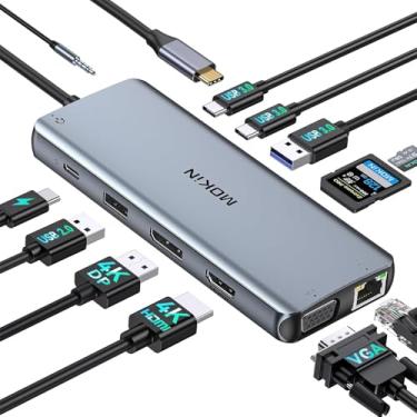 Imagem de Estação de ancoragem USB C, monitor duplo, estação de ancoragem para laptop, 3 monitores, MOKiN 12 em 1 USB C Dock Hub adaptador multiportas com HDMI 4K + DisplayPort + VGA, 100W PD, 4 portas USB