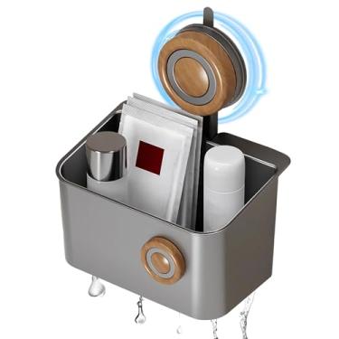 Imagem de HONGYUETECH Suporte de chuveiro com ventosa, prateleira de chuveiro de plástico com drenagem, organizador de chuveiro com trava a vácuo para banheiro, trailer, armazenamento de hotel, cinza (Mogno P)