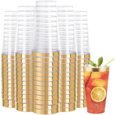 Imagem de Copos de plástico DayAmmi 16 onças com borda dourada descartáveis, pac