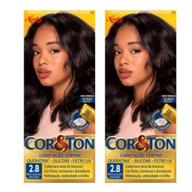 Imagem de Kit 2 Coloração Creme Cor&Ton Niely Cor Preto Azulado Espelhado 2.8 - 