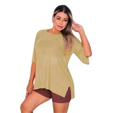 Imagem de Blusa Tule Feminina Manga Curta Fitness Academia Bege-Feminino