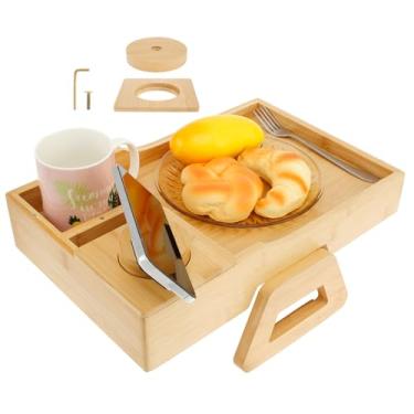 Imagem de Bandeja de braço de sofá de bambu, mesa de braço de sofá com suporte giratório de 360° para telefone e suporte de copo, clipe de sofá na mesa lateral para braços largos de sofás, adequada para bebidas