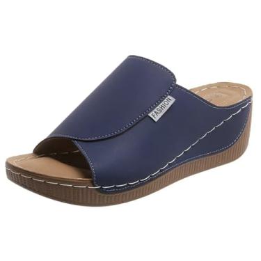Imagem de Sandália feminina plataforma de suporte de arco 2025 slip-on casual bico aberto faixa larga sapato de caminhada, Azul-escuro, 40