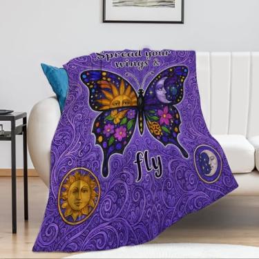 Imagem de Cobertor romântico de borboleta roxa – Cobertor de lã espiritual "Spread Your Wings & Fly" – Cobertor motivacional macio e aconchegante para mulheres, meninas, amigas, decoração de quarto (129,8 x