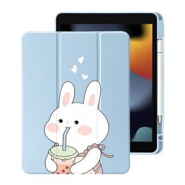 Imagem de Capa fofa Kawaii Bunny para iPad Air de 11 polegadas M2 2024 (6ª geração) com suporte para lápis, hibernar/despertar automático, capa traseira de acrílico transparente de couro azul