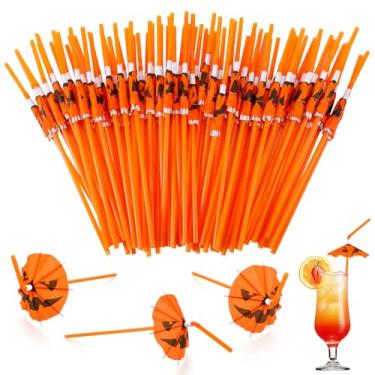 Imagem de Chengu 100 Pçs Canudos de Guarda-chuva de Abóbora Coquetel de Verão Dia das Bruxas Canudos de Papel Assustador com Abóboras Laranja Guarda-Chuvas Acessórios para Bebidas para Decorações de Festa de