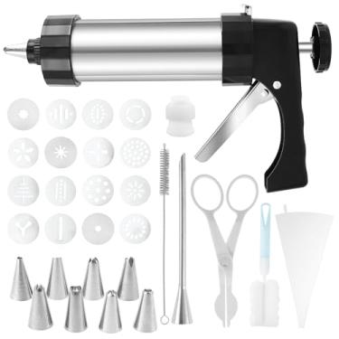 Imagem de Kit de máquina Churro Maker, kit de aço inoxidável para churrasqueira com 1 saco de confeitar e 8 bocais de tubulação, 2 escovas, 16 discos e 1 tesoura de tubulação, máquina de prensa de biscoito
