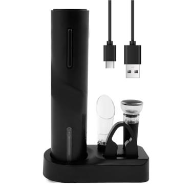 Imagem de Abridor de vinho elétrico, abridor de garrafa de vinho recarregável, conjunto de presente de vinho 5 em 1 com saca-rolhas elétrico, cortador de folha, rolha a vácuo, despejador de vinho e base de