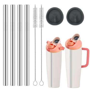 Imagem de Substituição de canudo de 4 peças, compatível com acessórios de garrafas e copos FreeSip da Owala de 850 g e 1,134 g, 4 canudos reutilizáveis de aço inoxidável com 2 escovas de limpeza e 2 tampas de