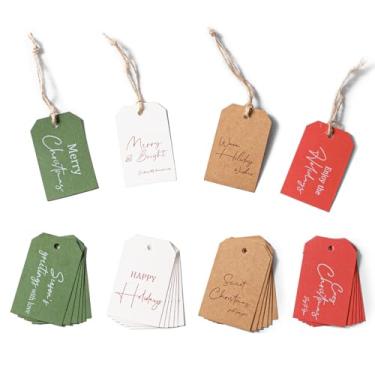 Imagem de C2U Etiquetas de presente de Natal – Pacote com 48 etiquetas de presente de Natal com barbante de juta – 8 designs festivos em branco na parte de trás – Etiquetas de nome de papel de Natal para