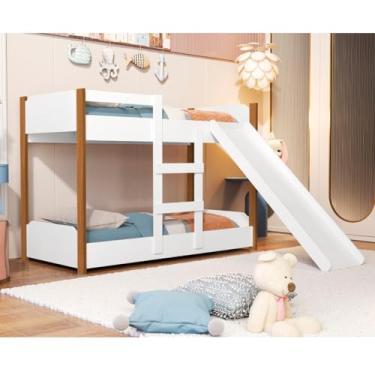 Imagem de Beliche Infantil Flora com Escorregador Grade de Proteção e Escada Lateral Estrutura em MDF Design Divertido e Seguro para Crianças (Nature)