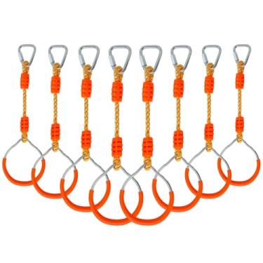 Imagem de Anel de ginástica fitness swing macaco barra punhos trapézio pista de obstáculos para quintal ao ar livre interior selva casa ginásio, pacote com 8 anéis laranja pendurar corda Ninja acessórios