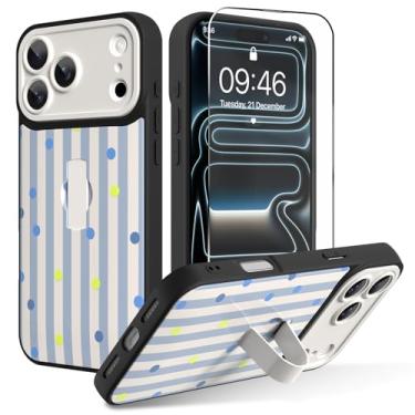 Imagem de OOK Capa para iPhone 17 Pro com protetor de tela, linda capa de telefone com listras azuis claras de bolinhas com alça de dedo ajustável, proteção total para mulheres e meninas