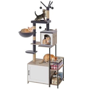 Imagem de HavenlyYouth Arranhador com tigelas de comida e capa de caixa de areia para gatos, árvore de arranhar multicamadas com toras de arranhar sisal para brincar, rede aconchegante cinza para relaxar