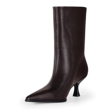 Imagem de Botas femininas de cano médio com salto gatinho – Botas pretas de bico fino em couro sintético liso, estilo minimalista elegante para outono e inverno, Marrom, 40