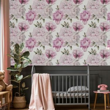 Imagem de ESSMOKO Papel de parede colorido planta flor hidrosol papel de parede sala de estar quarto escritório fundo decorativo adesivo de parede roxo claro flor peônia 45 * 600 cm