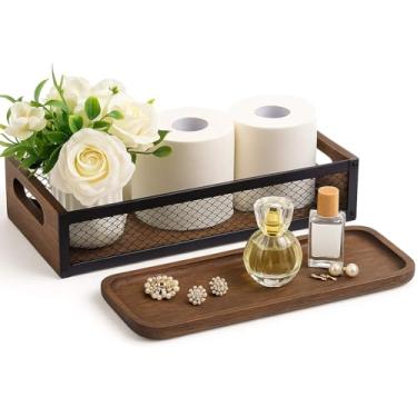 Imagem de Kathfly Conjunto organizador retrô de ferro e madeira, cesta de armazenamento de papel higiênico com alça e bandeja de madeira para organizar armazenamento decorativo para banheiro, cozinha, casa, spa