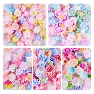 Imagem de FASHEWELRY 240 peças de cabochão de flores de resina para decoração de capa de telefone, berloques de arte de unhas, joias, contas Kandi florais planas para scrapbook, artesanato, faça você mesmo, 5,5