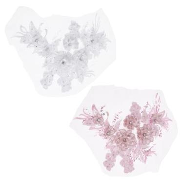 Imagem de FINGERINSPIRE 2 peças de tecido de flores bordadas 3D 30 x 26,9 cm, flor rosa branca cristal strass apliques de renda enfeites para vestidos de dança, camisetas, roupas, acessórios de costura