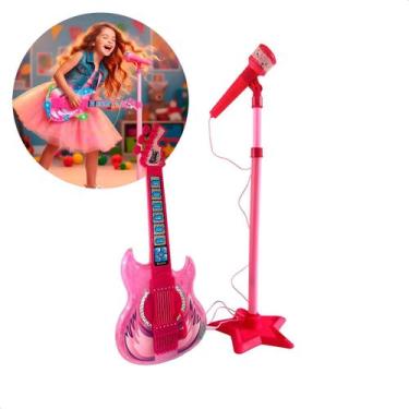 Imagem de Guitarra Infantil Com Microfone Pedestal Mp3 Smartphone Rosa - Jhamba