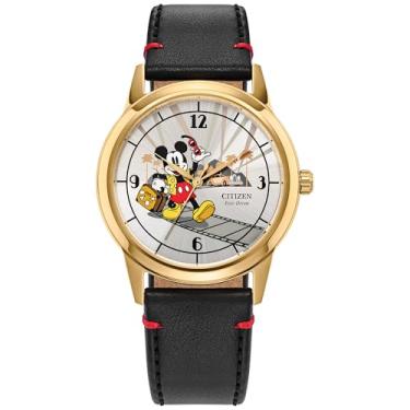 Imagem de Citizen Relógio masculino Eco-Drive Disney Mickey Mouse, pulseira de couro preto, mostrador prateado (modelo: FE7063-07W)