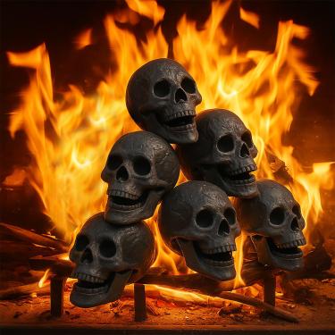 Imagem de Libima 6 peças de cerâmica à prova de fogo para fogueira de fogo para Halloween crânios de cerâmica preta para lareira de fogueira crânio à prova de fogo para fogueira a gás propano acessórios para decoração de Halloween