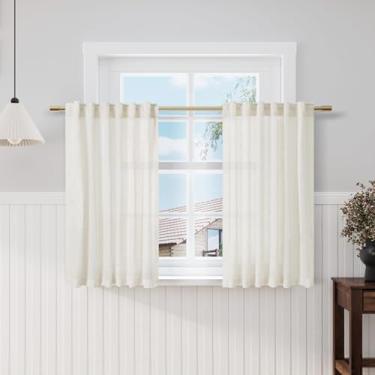 Imagem de Nanspring Cortinas de cozinha de linho curto creme, 91 cm de comprimento, cortinas semitransparentes com filtro de luz sobre a pia para janela do banheiro do porão, 2 painéis 106 x 91 cm