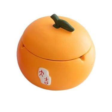Imagem de Cinzeiro de cerâmica em forma de fruta com tampa Cinzeiro de mesa para escritório familiar, restaurante, varandas, decoração de casa, etc. Cinzeiro ao ar livre (laranja)