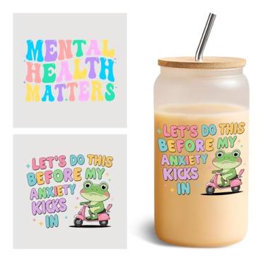 Imagem de Conjunto de 2 peças Let's Do This Before My Anxiety Kicks in, Mental Health Matters UV DTF Cup Wraps for 473.6 g Glass Cute Frog Health Care Cold Transfer Adesivos para copos de vidro, vinil