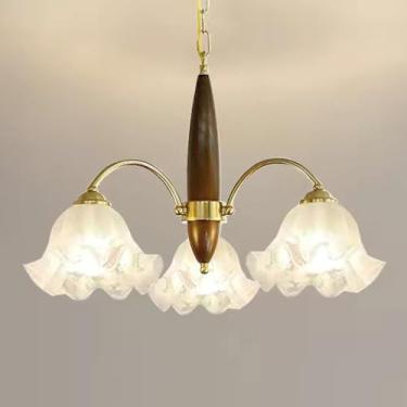 Imagem de Lustre de quarto de meninas para quarto Lustre de flores de meados do século moderno em vidro leitoso Luminária pendente de teto de madeira estilo fazenda Luminária suspensa para sala de est