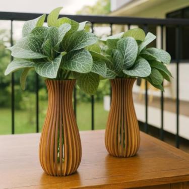 Imagem de Kit 2 Vasos Decorativo com Folhagem Fittonia, MDF Ripado Marrom, 30cm, com 4 Buquês Artificiais, para Decoração de Casa