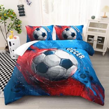 Imagem de AILONEN Conjunto de edredom de futebol para meninos, tamanho solteiro, vermelho e azul, para crianças, com 2 fronhas, 3 peças