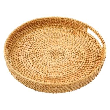 Imagem de Bandeja redonda de mesa de centro com alças embutidas, 30 x 30 x 5 cm, bandeja de vime otomana tecida à mão para mesa de centro, teclas de controle remoto de frutas (cor linho, 1 peça)