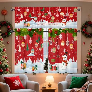 Imagem de WTQPLNMCB Conjunto de cortinas e sanefas de cozinha de Natal - 3 peças de cortinas de cozinha 91 cm com saia para decoração de bolso de varão de janelas