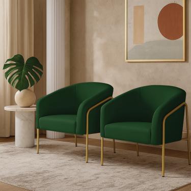 Imagem de Poltrona Sala Industrial Alta Dourado Kit 2 Stella Suede Verde D03 - D'Rossi