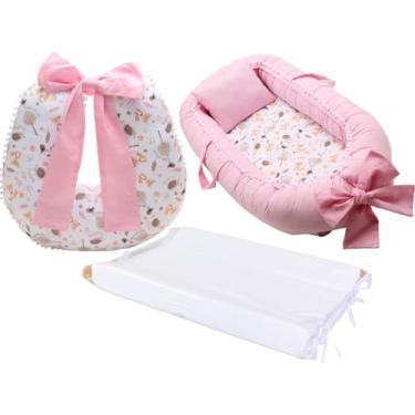 Imagem de Kit Ninho Redutor De Berço Menina + Almofada De Amamentação + Trocador liso Menina (Fox troc branco)