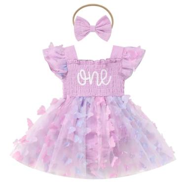 Imagem de OBEEII Roupa de bebê menina 1º aniversário borboleta 3D um ano bolo esmagamento sessão de fotos infantil manga esvoaçante babados tule tutu vestido com faixa de cabeça roxo 9-12 meses