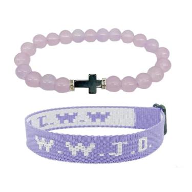 Imagem de COLORFUL BLING WWJD Pulseira de Corda Trançada Cruz Contas de Cristal Conjunto de Pulseiras Pedra de Cura Natural Feito à Mão What Would Jesus Do Pray Pulseira Elástica Proteção Presentes Inspiradores