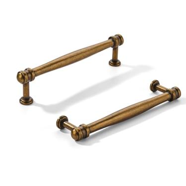 Imagem de khtumeware Pacote com 2 puxadores de armário de latão antigo com orifício central de 128 mm, alça sólida para armário de cozinha resistente, ferragens de armário para penteadeira, puxador de banheiro