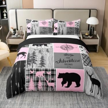 Imagem de Erosebridal Capa de edredom retrô rústica 100% algodão, casa de fazenda, urso, tamanho solteiro, caça, animais selvagens, búfalo, xadrez, patchwork, para quarto de meninos e adolescentes
