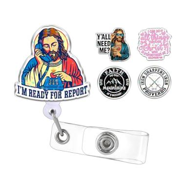 Imagem de (Conjunto de 5 designs) Carretel de crachá de Jesus com 5 cm, porta-crachás retráteis engraçados, suporte de crachá de identificação de acrílico, cordão de crachá religioso da Bíblia, acessórios de