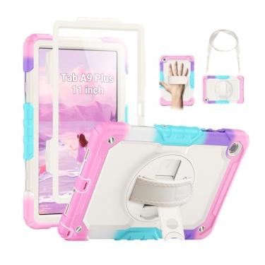 Imagem de SEYMAC Capa para Samsung Galaxy Tab A9+/A9 Plus 11 polegadas (SM-X210/X216/X218), capa protetora resistente à prova de choque com protetor de tela, suporte giratório, alça de mão/ombro, rosa