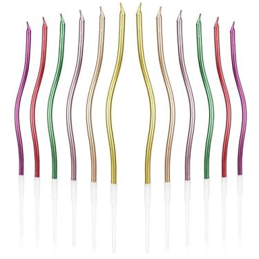Imagem de 24pçs Velas Espirais Aniversário, Torcidas Velas Longas Finas Bolo com Suportes Decoração Fina Bolos para Aniversário Casamento Casamento Festa (Cores Metálicas)