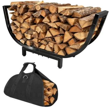Imagem de SOLY Rack curvado para lenha de 76 cm para uso externo e interno, suporte de madeira de metal resistente com alça e bolsa de transporte, suporte de lenha para lareira, pátio, deck, preto